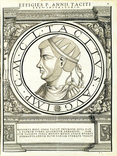 Tacitus, Illustration aus Imperatorum romanorum omnium orientalium et occidentalium verissimae imagines ex antiquis numismatis, 1559 von Hans Rudolf Manuel Deutsch